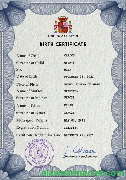 Spain vital record birth certificate PSD template, fully editable